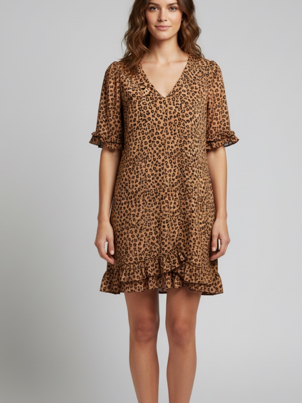 CeCe Brown and Black Leopard Print Ruffle Hem Dress
